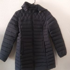 Black women's  jacket with a detachable hoodie.